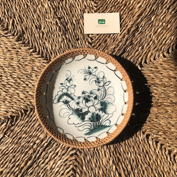 ảnh của sản phẩm Dĩa sứ tròn đan mây - Đĩa sứ viền mây tre đan tay decor, đựng đồ số 11