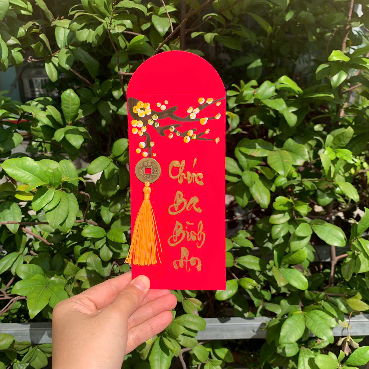 ảnh của sản phẩm Bao lì xì đỏ mừng thọ/ mừng tuổi chữ viết tay Thư Pháp câu chúc có đồng xu may mắn số 9
