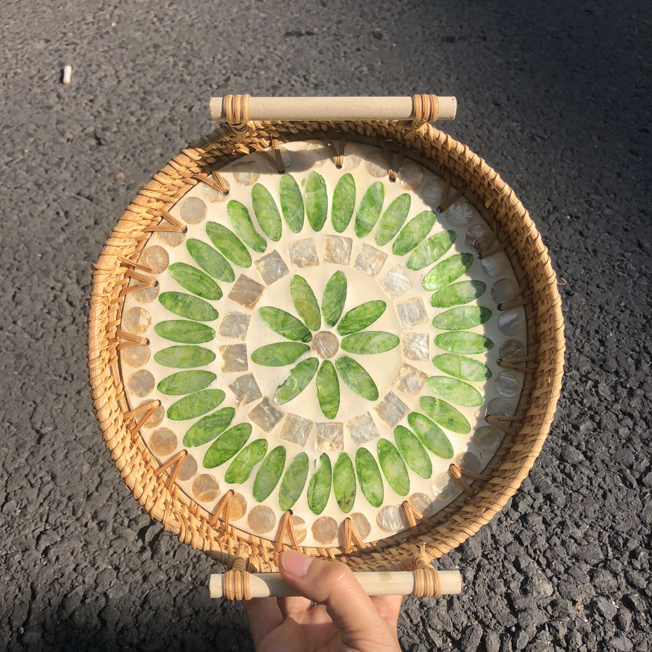 ảnh của sản phẩm Khay Mây Khảm Trai Có Tay Cầm Đựng đồ ăn decor Chụp Ảnh - Rattan Tray số 7