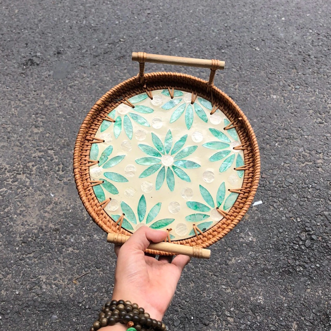 ảnh của sản phẩm Khay Mây Khảm Trai Có Tay Cầm Đựng đồ ăn decor Chụp Ảnh - Rattan Tray số 15