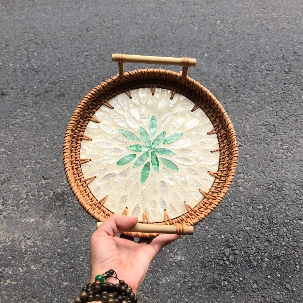 ảnh của sản phẩm Khay Mây Khảm Trai Có Tay Cầm Đựng đồ ăn decor Chụp Ảnh - Rattan Tray số 14