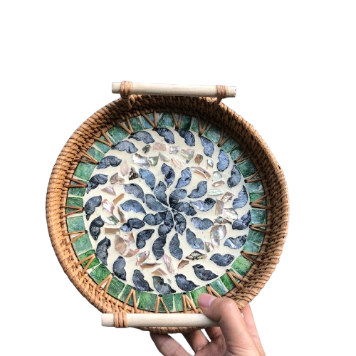 Khay Mây Khảm Trai Có Tay Cầm Đựng đồ ăn decor Chụp Ảnh - Rattan Tray giá 100,000 đang rẻ nhất thị trường