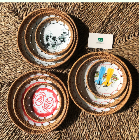 Dĩa sứ tròn đan mây - Đĩa sứ viền mây tre đan tay decor, đựng đồ giá 100,000 đang rẻ nhất thị trường