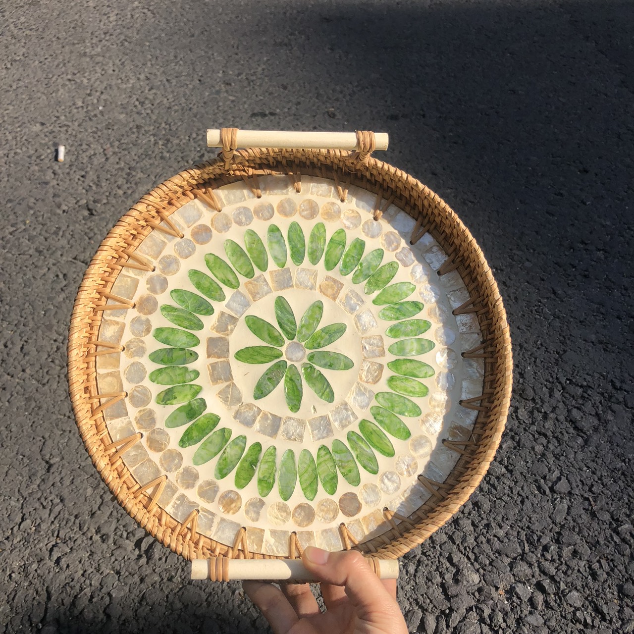 ảnh của sản phẩm Khay Mây Khảm Trai Có Tay Cầm Đựng đồ ăn decor Chụp Ảnh - Rattan Tray số 6