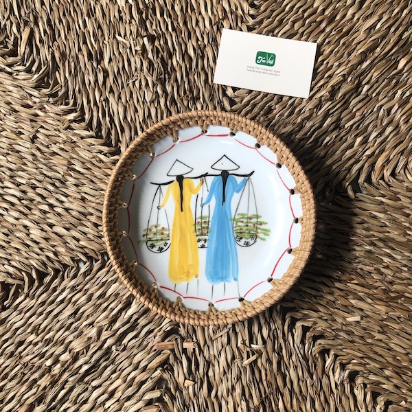 ảnh của sản phẩm Dĩa sứ tròn đan mây - Đĩa sứ viền mây tre đan tay decor, đựng đồ số 10