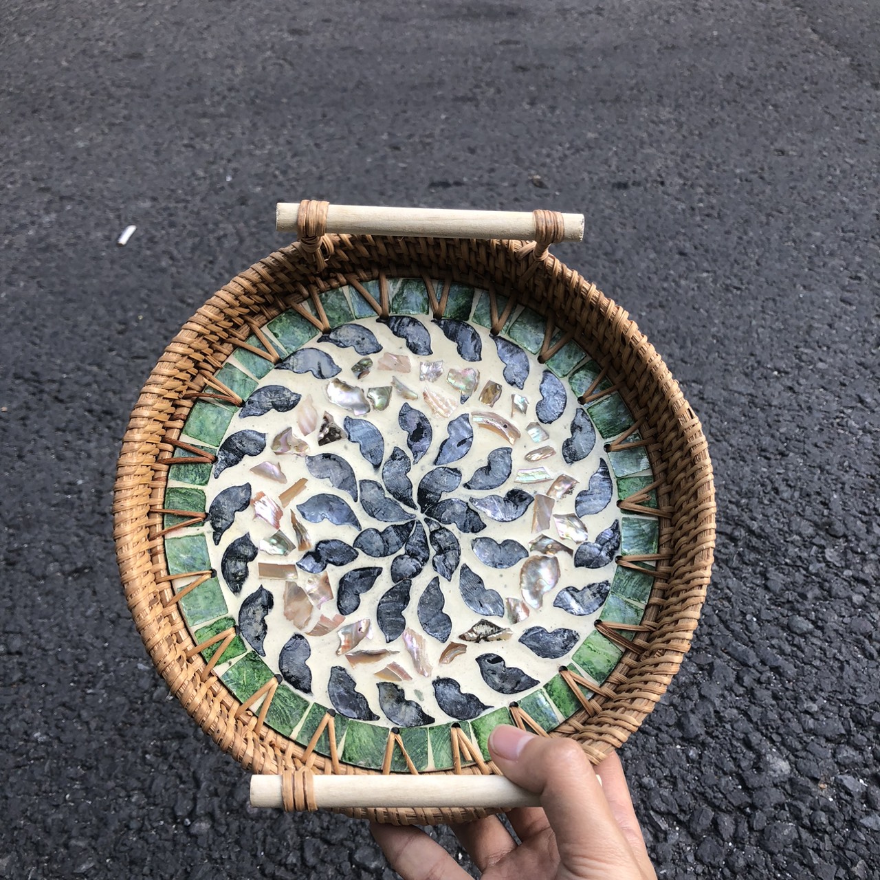 ảnh của sản phẩm Khay Mây Khảm Trai Có Tay Cầm Đựng đồ ăn decor Chụp Ảnh - Rattan Tray số 11