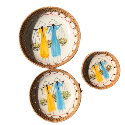 ảnh của sản phẩm Dĩa sứ tròn đan mây - Đĩa sứ viền mây tre đan tay decor, đựng đồ số 16
