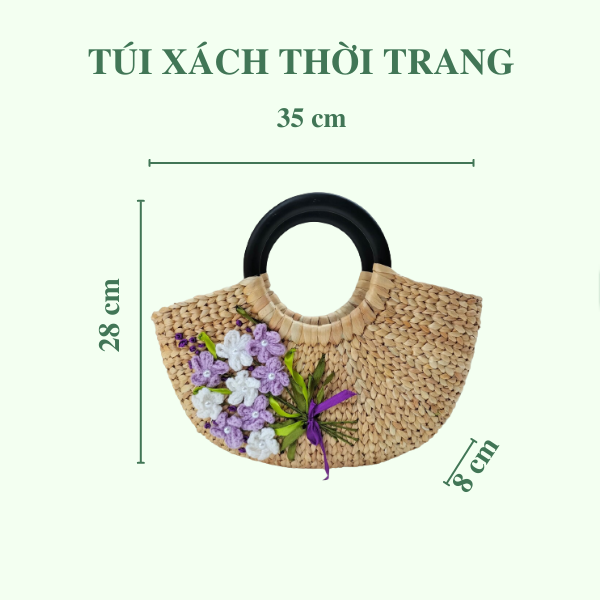 ảnh của sản phẩm Giỏ xách lục bình thêu tay có lót vải và khoá kéo - Túi bán nguyệt quai gỗ số 4