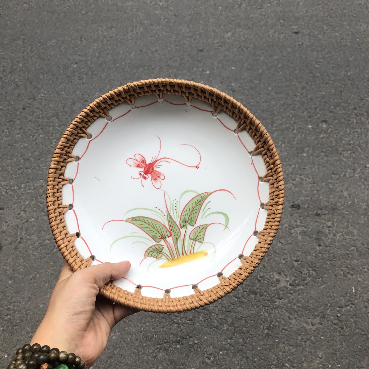 ảnh của sản phẩm Dĩa sứ tròn đan mây - Đĩa sứ viền mây tre đan tay decor, đựng đồ số 25